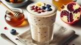 Batido para el dolor de garganta con miel, granos de granada, yogur, arándanos y plátano